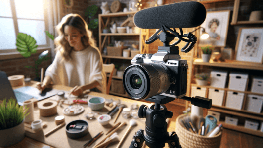 The image above illustrates a content creator using the Canon EOS M50 Mark II Content Creator Kit in a home studio setting, engaged in filming a DIY tutorial. The setup, featuring the camera with its lens, microphone, and tripod grip, captures the creator's workspace filled with various crafting materials and tools. This scene showcases the kit's versatility and ease of use, making it ideal for a wide range of content creation activities, from detailed tutorials to engaging vlogs, in a creative and inspirational atmosphere.