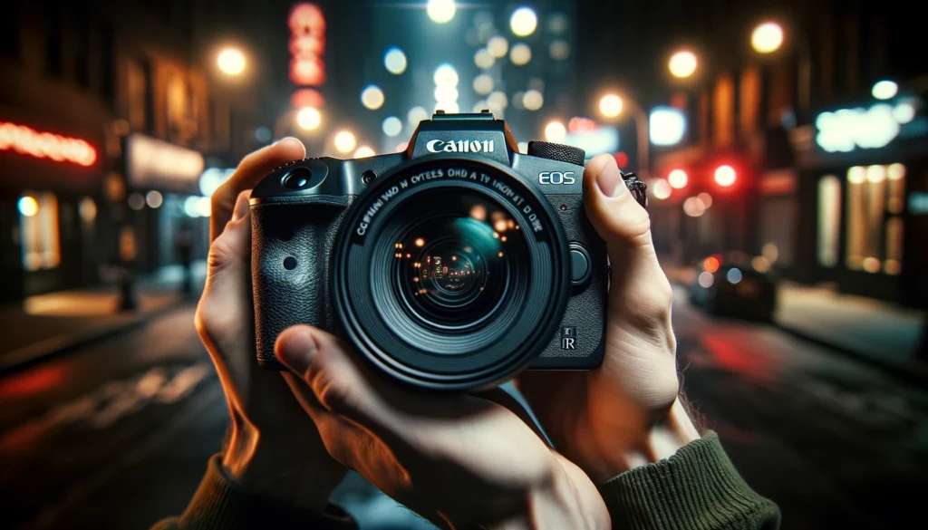 The image captures a filmmaker using the Canon EOS R camera to shoot cinematic scenes in a dimly lit urban environment, highlighting the camera's prowess in low-light conditions. The ambient city lights provide a moody backdrop, emphasizing the camera's exceptional performance, dynamic range, and its ability to capture intricate details with clarity. This scene showcases the depth and professionalism that the Canon EOS R brings to content creation, making it a preferred choice for filmmakers looking to convey compelling stories through their visuals.
