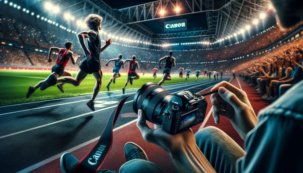 The image illustrates a content creator capturing the essence of an action-packed sports event using the Canon EOS R10 Content Creator Kit. Positioned on the sidelines of a vibrant stadium, the creator uses the camera's rapid autofocus and high-resolution capabilities to seize the athletes' intensity and the dynamic atmosphere in perfect clarity. This scene vividly conveys the excitement of the sports event, showcasing the EOS R10's proficiency in handling fast-paced action and delivering stunning, detailed images that encapsulate the energy and emotion of the moment.