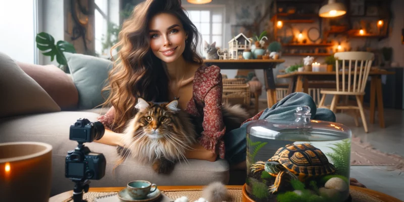 Here's the featured blog post photo, capturing Chas in a cozy, well-lit setting with her beloved pets—a majestic Maine Coon and a miniature turtle. The image exudes warmth and joy, perfectly embodying the essence of a pet influencer's life and Chas's passion for her animals. This vibrant and engaging visual is ideal for accompanying your blog post, inviting readers into the world of pet influencing with Chas.
