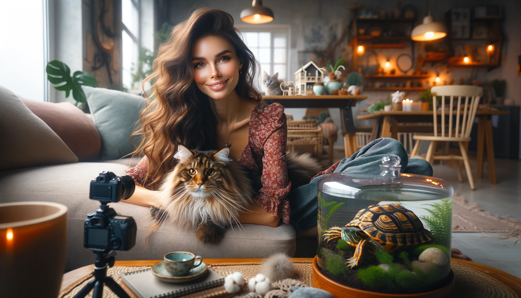 Here's the featured blog post photo, capturing Chas in a cozy, well-lit setting with her beloved pets—a majestic Maine Coon and a miniature turtle. The image exudes warmth and joy, perfectly embodying the essence of a pet influencer's life and Chas's passion for her animals. This vibrant and engaging visual is ideal for accompanying your blog post, inviting readers into the world of pet influencing with Chas.