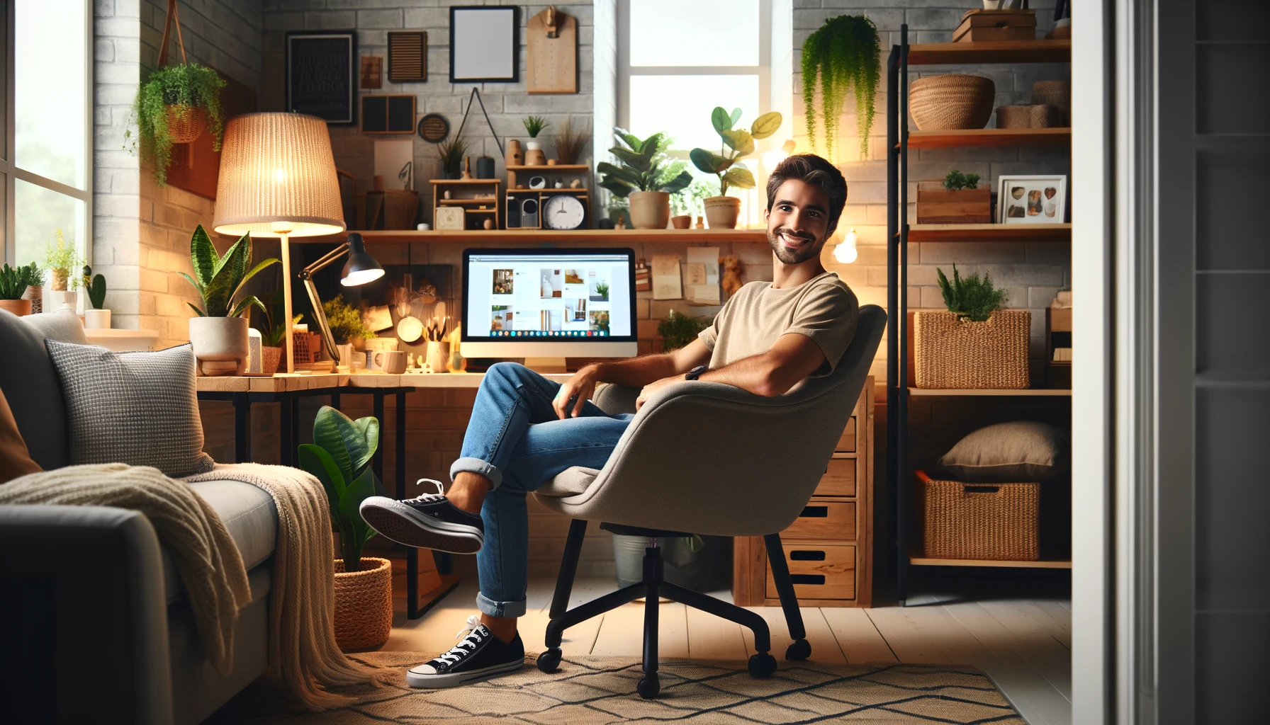 Here's the image featuring a person sitting in their cozy and comfortable home office, looking happy and content. This setting aims to capture the essence of a content creator enjoying their work in a personal and inviting space, possibly engaging with Pinterest ideas and ChatGPT for creative inspiration.