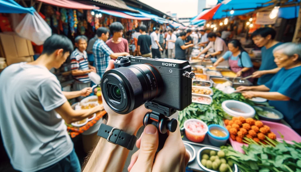 The image above showcases a content creator using the Sony ZV-1 Camera along with the Vlogger Accessory Kit to capture the essence of a vibrant food vlog at an outdoor market. The camera's portability and ease of use are on full display, allowing the creator to immerse in the market's lively atmosphere, engaging with stall owners, and sampling a variety of foods. The bustling background, filled with the colors and energy of the market, adds a dynamic layer to the content, illustrating the camera's capability to vividly capture and convey the richness of everyday experiences.