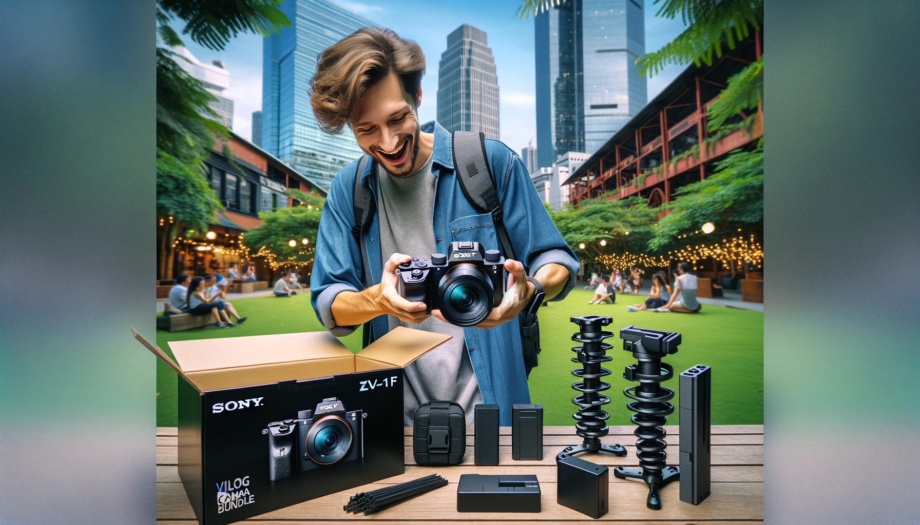 The image portrays a content creator unpacking the Sony ZV-1F Vlog Camera Bundle in a lively urban park, with the city's skyscrapers forming a dynamic backdrop. This scene emphasizes the bundle's appeal to vloggers and content creators who are always on the move, needing a versatile and comprehensive setup that can handle the vibrant pace of urban life. The creator's engagement with the camera and its accessories underlines the bundle's readiness to support a day filled with content creation, capturing the essence of city life.