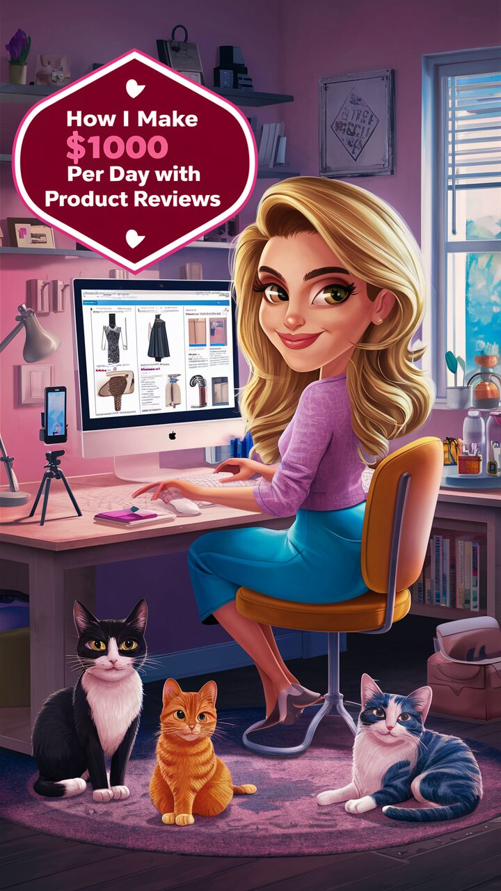 How I Make $1000 Per Day doing Product Reviews 15 a cute 45-year-old attractive blonde with brown-green eyes is sitting at her computer very content. She is a fashion blogger and product reviewer. Her room has various items that she reviews and has a mobile phone on a tripod. Nearby are her 3 very content cats: a black and white tuxedo, an orange, and a dilute blue calico. A large Pinterest style label reads "How I Make $1000 Per Day with Product Reviews"