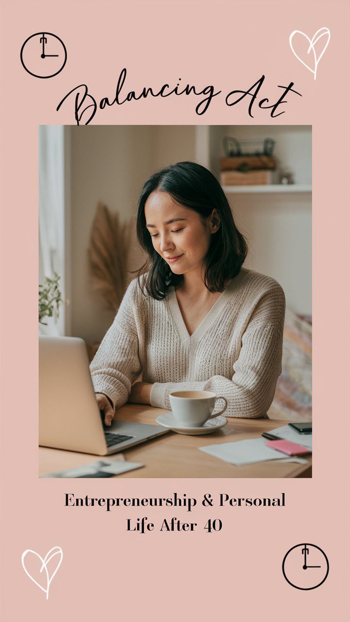 Balancing Act: Juggling Entrepreneurship and Personal Life After 40 15 A single, serene image of a woman in a cozy home office, with a cup of coffee and a laptop on the desk. Soft, warm lighting and pastel colors.