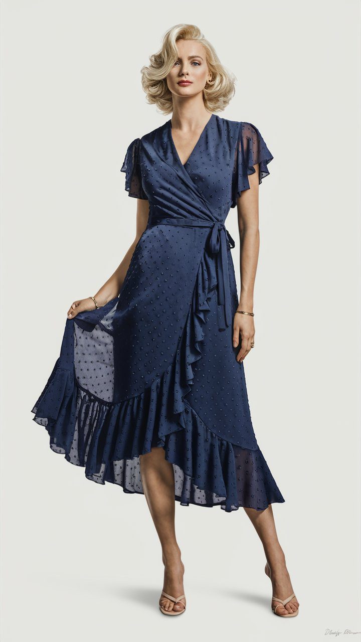 A stunning portrait of a blonde woman exuding elegance in a navy blue Swiss dot wrap dress. The dress, with its flutter sleeves, V-neckline, tiewaist, and layered ruffle hem, falls gracefully to knee length. The woman stands tall, one hand gently holding the side of her dress, while her other hand is elegantly positioned. Nude sandals complete the look, with a plain white background allowing the intricate details of the dress to shine.