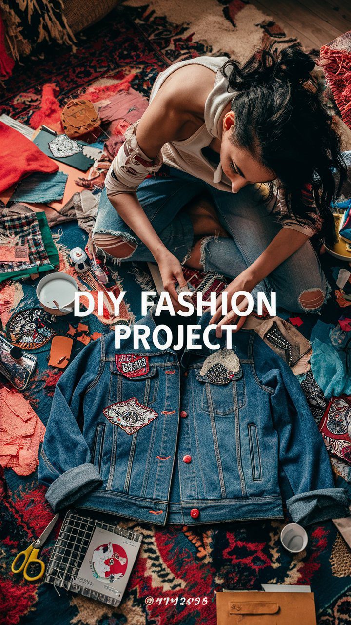 10 Money Saving Tips for Fashion Enthusiasts: How to Look Chic on a Budget 19 A creative woman working on a DIY fashion project at home, surrounded by tools and materials like fabric glue, scissors, and patches. She’s customizing a denim jacket, adding iron-on patches and distressing the fabric. The setting is cozy and feminine, with a hint of organized chaos that showcases the creative process. "DIY Fashion Project" is the text overlay.