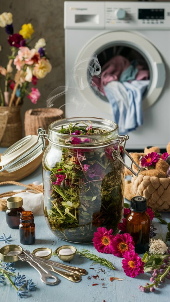 DIY Laundry Scent Booster: Fresh Clothes Made Easy 16 A beautifully styled image showcases a glass jar filled with vibrant, fragrant herbs and flowers, surrounded by an assortment of essential oil bottles and measuring spoons. The aromatic mixture within the jar is revealed as its lid is gently lifted, with steam gently wafting upwards. In the background, a washing machine stands, containing freshly laundered clothes, suggesting the scent-boosting properties of the herbal blend to enhance the cleanliness and fragrance of laundry. The overall aesthetic is charming and visually rich, inviting enthusiasts of classic and rustic styles to embrace the soothing color palettes, natural materials, and a touch of old-world elegance, creating a cozy and nostalgic atmosphere.