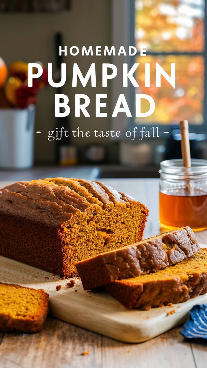 10 Must-Try Pumpkin Recipes for Fall 21 a loaf of spiced pumpkin bread on a cutting board, with a few slices cut and a jar of honey nearby. The background should have a kitchen scene with a window showing fall trees outside. Text overlay: "Homemade Pumpkin Bread - Gift the Taste of Fall."
