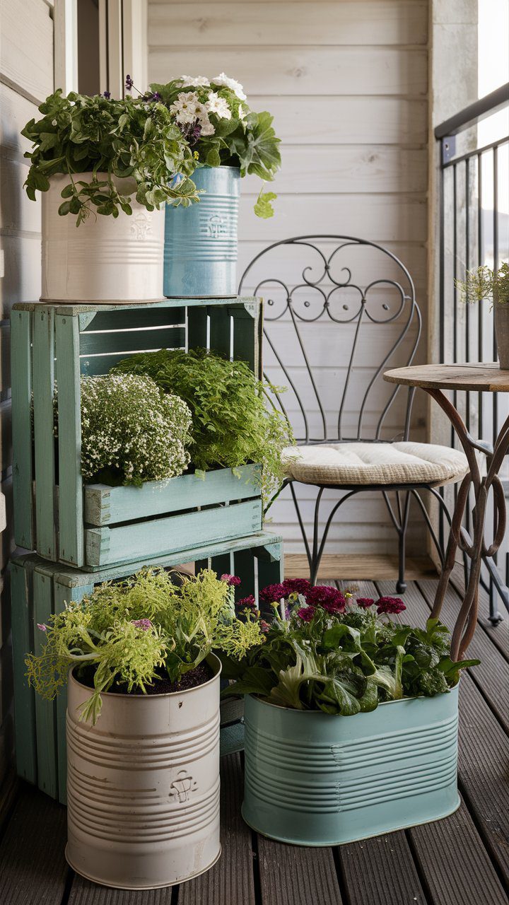 5 Must-Try DIY Projects for Transforming Your Space on a Budget 6 A quaint balcony space showcasing various DIY decorative planters made from repurposed items like tin cans and wooden crates, all painted in soothing, muted colors. The planters are filled with vibrant green plants and flowers, arranged on a rustic wooden shelf. The backdrop includes a cozy seating area with a classic wrought-iron chair and a small wooden table, perfect for enjoying a peaceful morning.