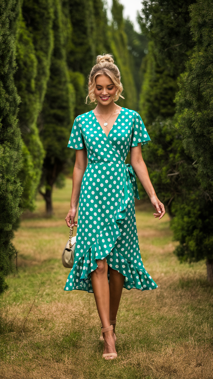 A charming photograph of a woman dressed in a vibrant green polka dot wrap dress, with a V-neckline, short flutter sleeves, a tie side, and a ruffled hem that falls to her knees. She is walking gracefully through a lush, green landscape filled with tall trees, carrying a stylish purse. The playful and vibrant polka dots complement the natural beauty of the surrounding environment, creating a harmonious and enchanting scene.