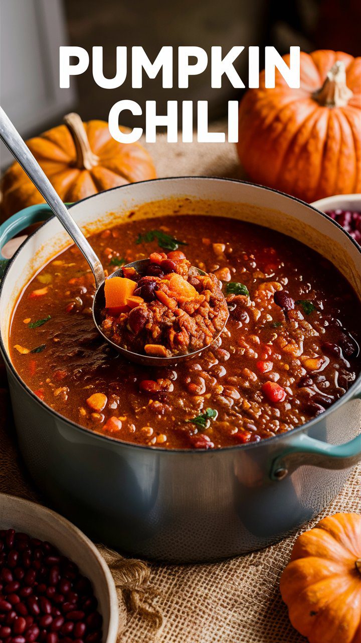 10 Must-Try Pumpkin Recipes for Fall 24 Depict a pot of hearty pumpkin chili with a ladle, served in a rustic kitchen. The setting should include ingredients like pumpkins and beans around it, emphasizing the homemade aspect. Text overlay: "Pumpkin Chili - Hearty & Comforting for Game Day