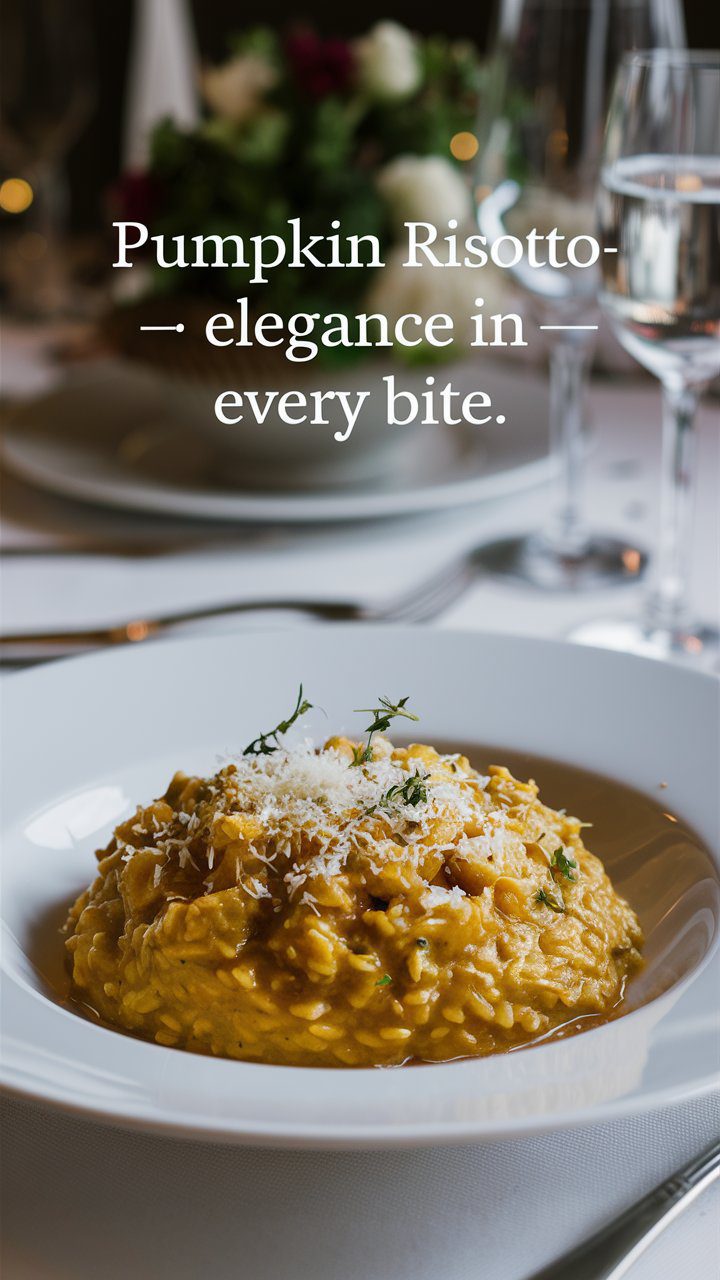 10 Must-Try Pumpkin Recipes for Fall 23 a plate of creamy pumpkin risotto garnished with parmesan and herbs, with an elegant dining setup in the background. The scene should convey a sophisticated dinner atmosphere. Text overlay: "Pumpkin Risotto - Elegance in Every Bite."