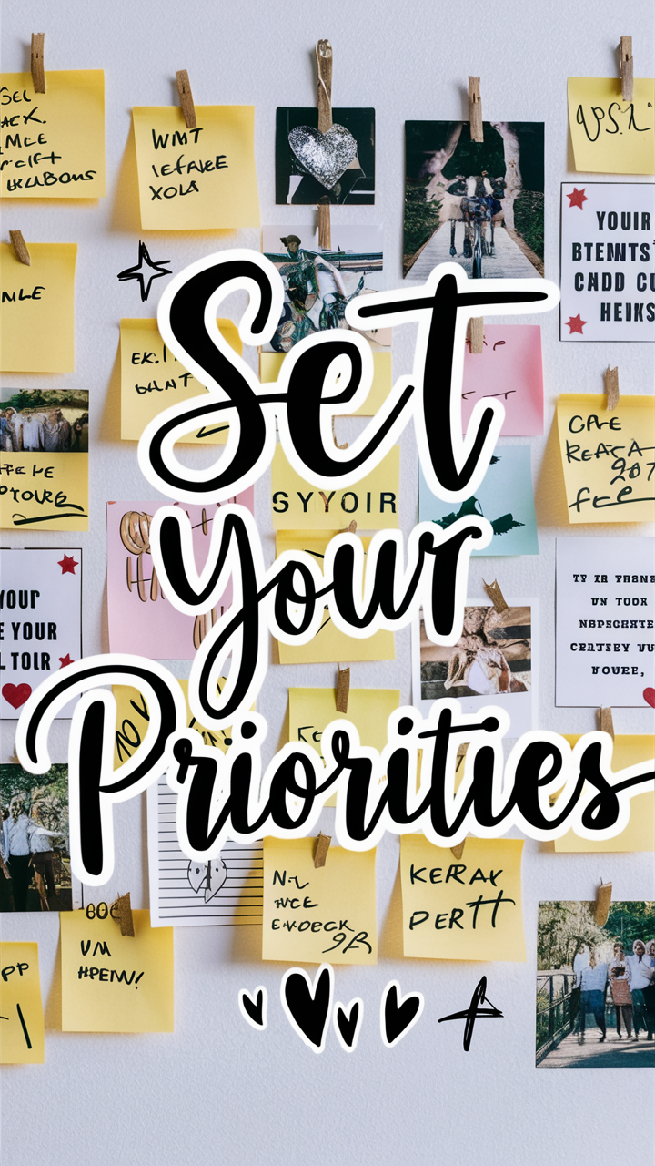 Balancing Act: Juggling Entrepreneurship and Personal Life After 40 17 A well-organized vision board with sticky notes, photos, and inspirational quotes. Bright and cheerful colors.