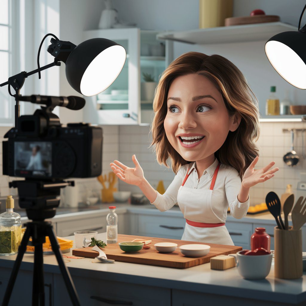 12 Online Businesses You Can Start With Less Than $1,000: A Guide for Entrepreneurs Over 40 25 A delightful cartoon illustration:An enthusiastic woman filming a cooking tutorial in a bright, well-equipped kitchen, speaking confidently to the camera. The setting includes high-quality lighting, a microphone, and various ingredients and cooking utensils, creating a professional and engaging atmosphere.