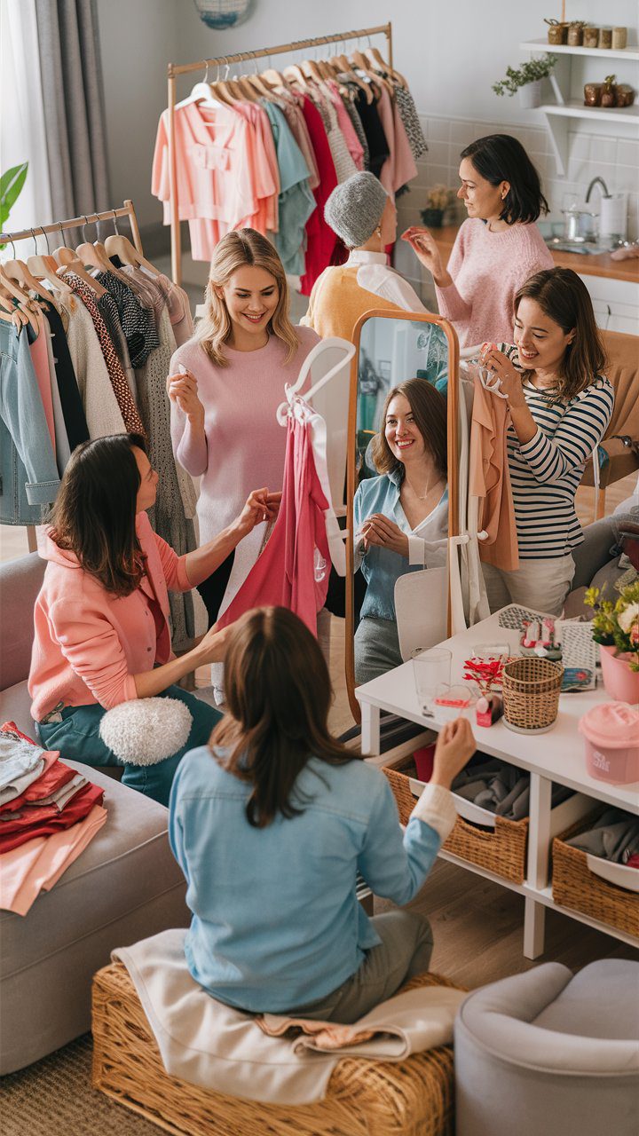 10 Money Saving Tips for Fashion Enthusiasts: How to Look Chic on a Budget 23 A few women gathered in a cozy, well-organized living room, engaging in a clothing swap. Clothing racks and tables are filled with neatly displayed clothes, and a few women are trying on items in front of mirrors. The atmosphere is lively and friendly, with refreshments and decorations adding to the cheerful, feminine vibe of the event.