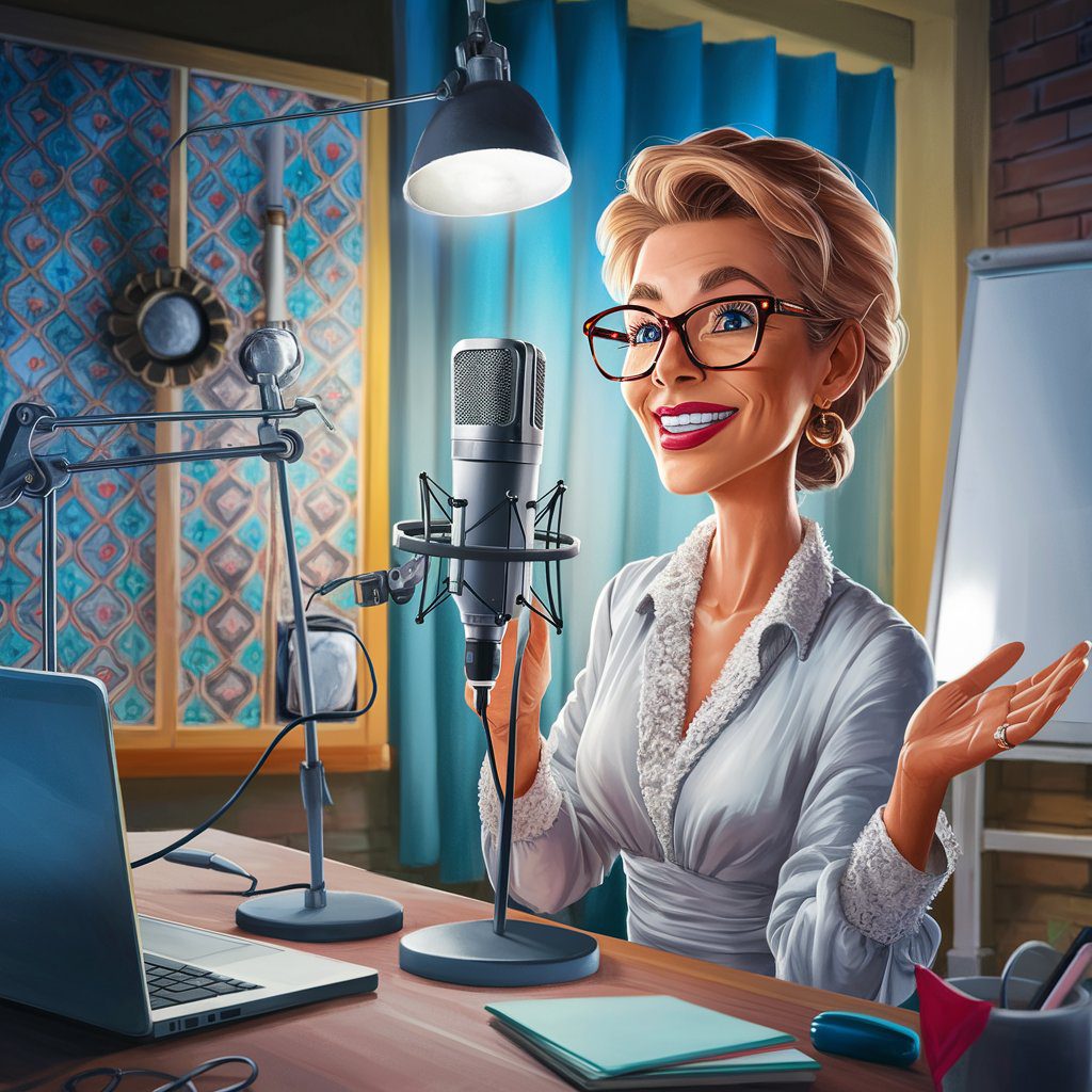 12 Online Businesses You Can Start With Less Than $1,000: A Guide for Entrepreneurs Over 40 21 A delightful cartoon illustration of a confident and knowledgeable woman recording an online course in her well-lit home studio. She is wearing glasses and a professional blouse, speaking into a high-quality microphone with a smile. The background features a colorful, patterned backdrop, a clean whiteboard, and a laptop is nearby. A friendly, educational atmosphere fills the space, inviting viewers to learn and grow.