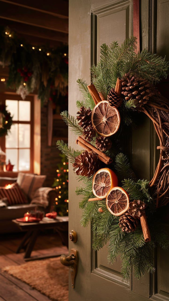 Add dried orange slices to your wreaths for a festive look. Attach them to a grapevine wreath with pine cones, cinnamon sticks, and evergreen. This mix of textures and scents will make a stunning focal point for your door.