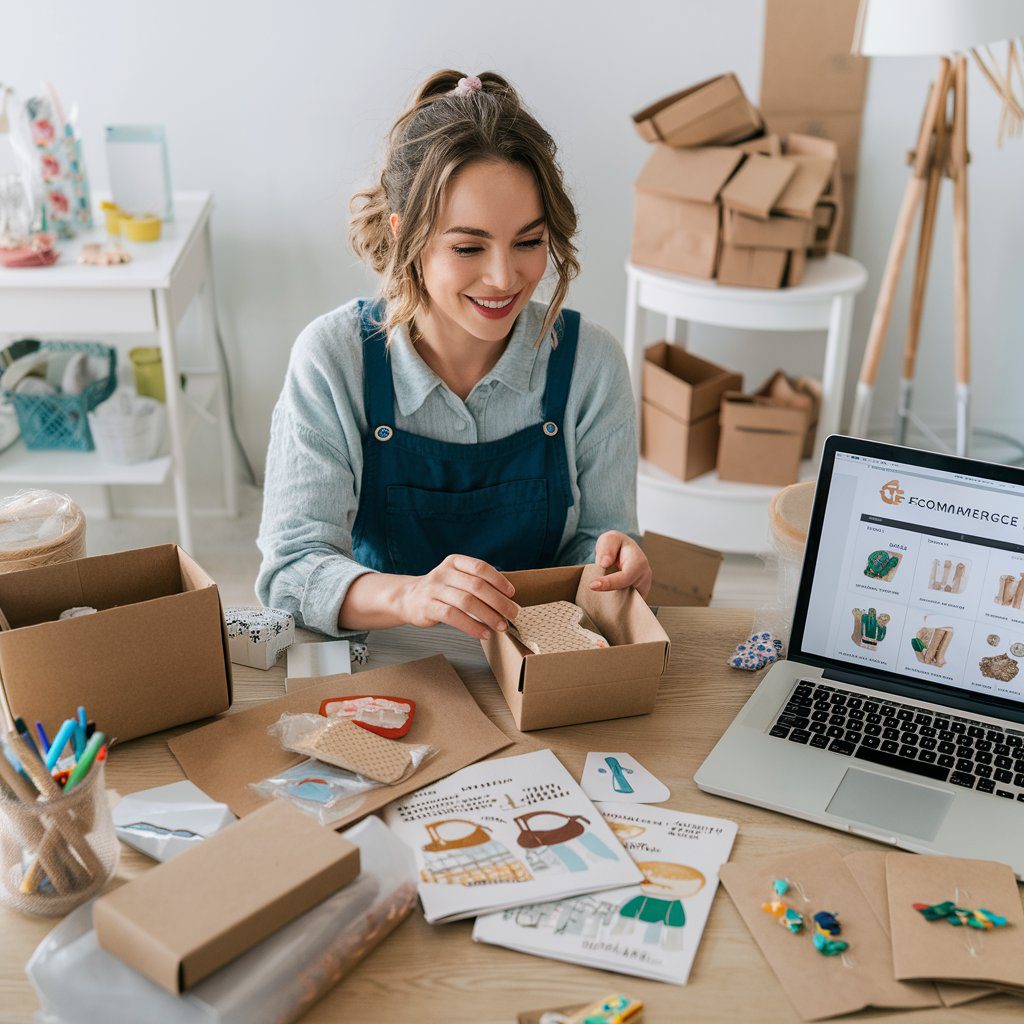 12 Online Businesses You Can Start With Less Than $1,000: A Guide for Entrepreneurs Over 40 18 Image Prompt: A creative woman working on her e-commerce business from home, surrounded by her handmade products, packaging materials, and a laptop displaying her online store. The setting is bright and inviting, showcasing a blend of creativity and professionalism.