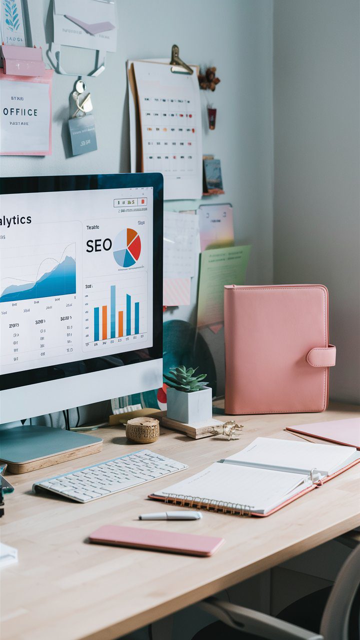 A serene workspace with a large monitor displaying SEO analytics, like traffic growth charts. Include soft touches like a pastel-colored planner, a small succulent, and inspirational quote frames on the wall, blending technical SEO with a feminine aesthetic.