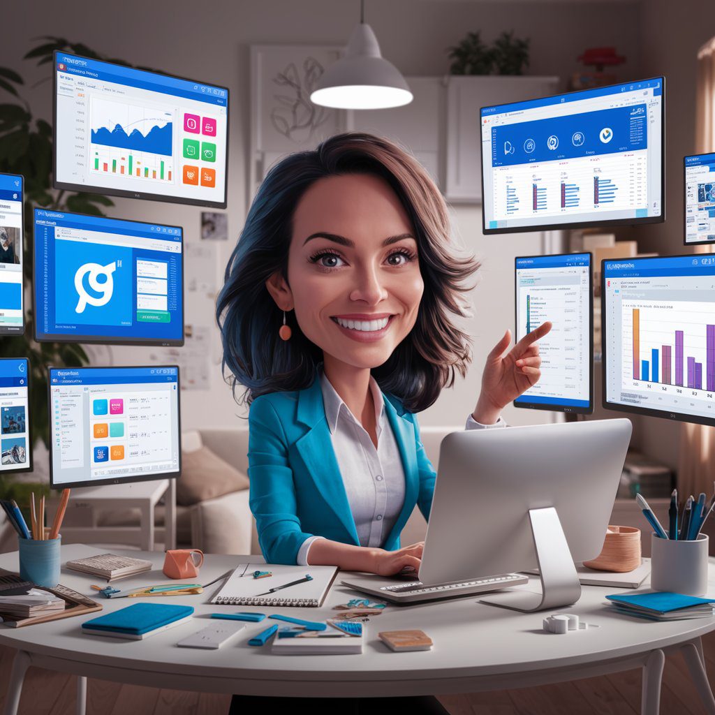 12 Online Businesses You Can Start With Less Than $1,000: A Guide for Entrepreneurs Over 40 24 A delightful cartoon illustration:A dynamic woman working on her social media management business from a bright, modern home office, surrounded by multiple screens showing various social media platforms and analytics tools. The setting is organized and professional, with elements of creativity and tech-savvy.
