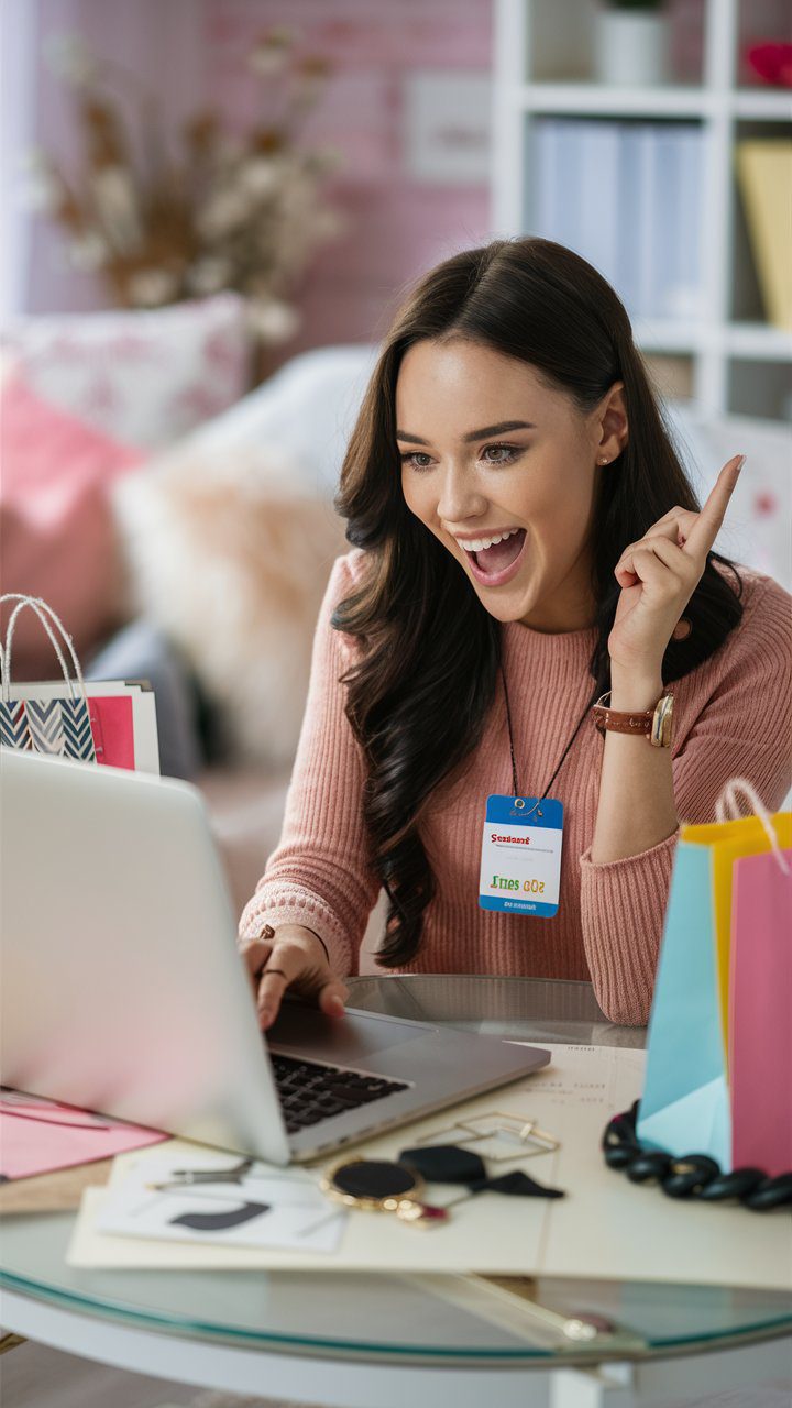 10 Money Saving Tips for Fashion Enthusiasts: How to Look Chic on a Budget 25 A stylish young woman sitting at her laptop in a cozy, well-decorated room, excitedly browsing online fashion stores. She has a student ID card and is using it to access discounts on websites. The setting includes a bright, feminine atmosphere with hints of trendy fashion items around her, like shopping bags and accessories.