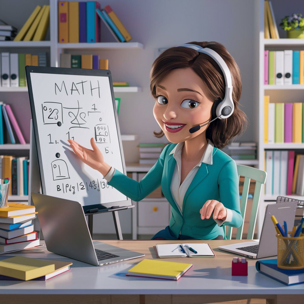 12 Online Businesses You Can Start With Less Than $1,000: A Guide for Entrepreneurs Over 40 27 A delightful cartoon illustration: An experienced woman conducting an online tutoring session from a well-organized home office, explaining a math concept on a digital whiteboard with a laptop and headset. The setting is bright and educational, with books and learning materials visible in the background.