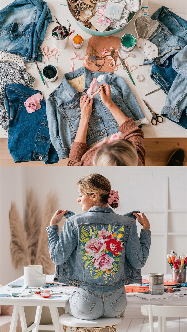 10 Money Saving Tips for Fashion Enthusiasts: How to Look Chic on a Budget 24 A creative woman sitting at a crafting table, surrounded by old clothes, fabric paint, scissors, and sewing supplies. She’s in the process of upcycling a denim jacket, painting a vibrant floral design on the back. The setting is bright and inviting, with a cozy, feminine atmosphere that highlights the joy of DIY fashion projects.