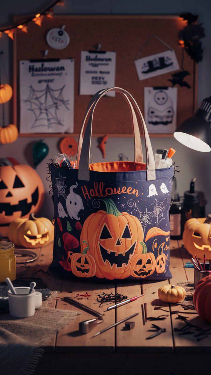 How to Create Halloween Bestsellers on Etsy: Insider Secrets Revealed! 15 Create an enchanting and visually rich image that captures the essence of Halloween creativity on Etsy. The scene is a cozy, dimly-lit craft room with an array of Halloween products scattered around. In the foreground, a wooden table holds various crafting tools and materials like fabric, paint, and brushes. On the table, there's a nearly finished Halloween tote bag featuring a spooky, cute design with elements like pumpkins, ghosts, and spiderwebs. The background shows a cork board pinned with sketches and notes about product designs and Etsy SEO tips. The overall atmosphere is warm and inviting, with a soft glow of a desk lamp highlighting the details of the craft materials and the vibrant colors of the Halloween decorations.