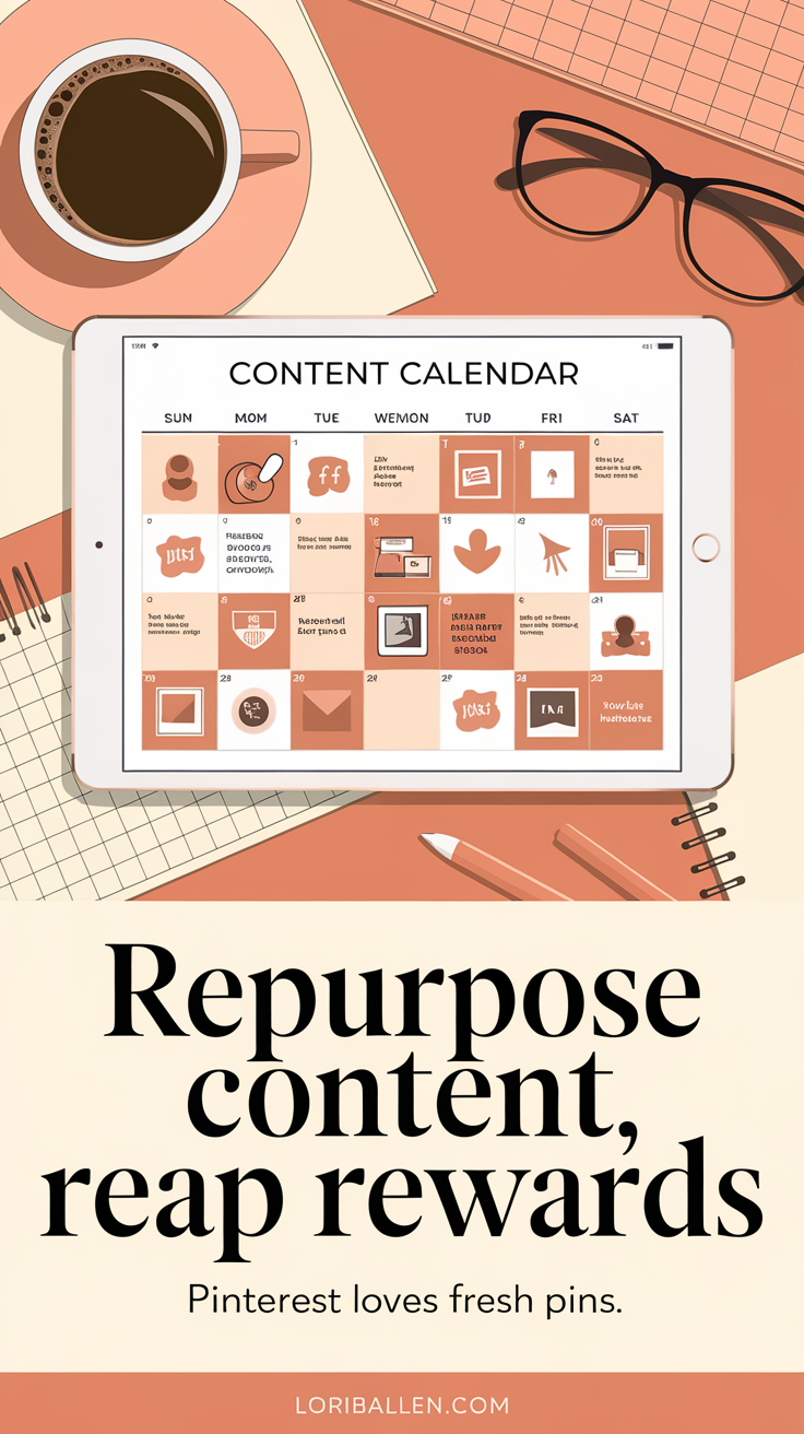 Stop Overthinking Pinterest: Here’s How to Dominate the Platform 16 A stylish desk setup with a content calendar on a tablet, highlighting the benefits of repurposing content on Pinterest for fresh exposure.