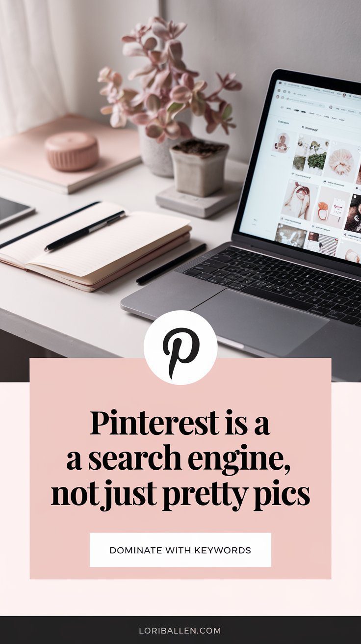 Stop Overthinking Pinterest: Here’s How to Dominate the Platform 15 A feminine workspace with a laptop displaying Pinterest, emphasizing that Pinterest is a search engine driven by keywords, not just a platform for pretty pictures.
