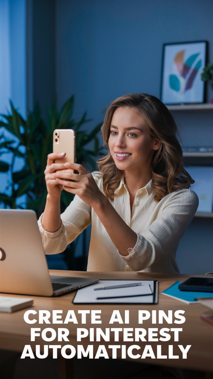 Automatically Generate Pinterest Pins for your Blog with AI 15 a beautiful woman is at home in her comy office with pinterest open on her laptop and she is taking a picture of an outfit with her phone. a bold text overlay says "Create AI Pins for Pinterest Automatically".