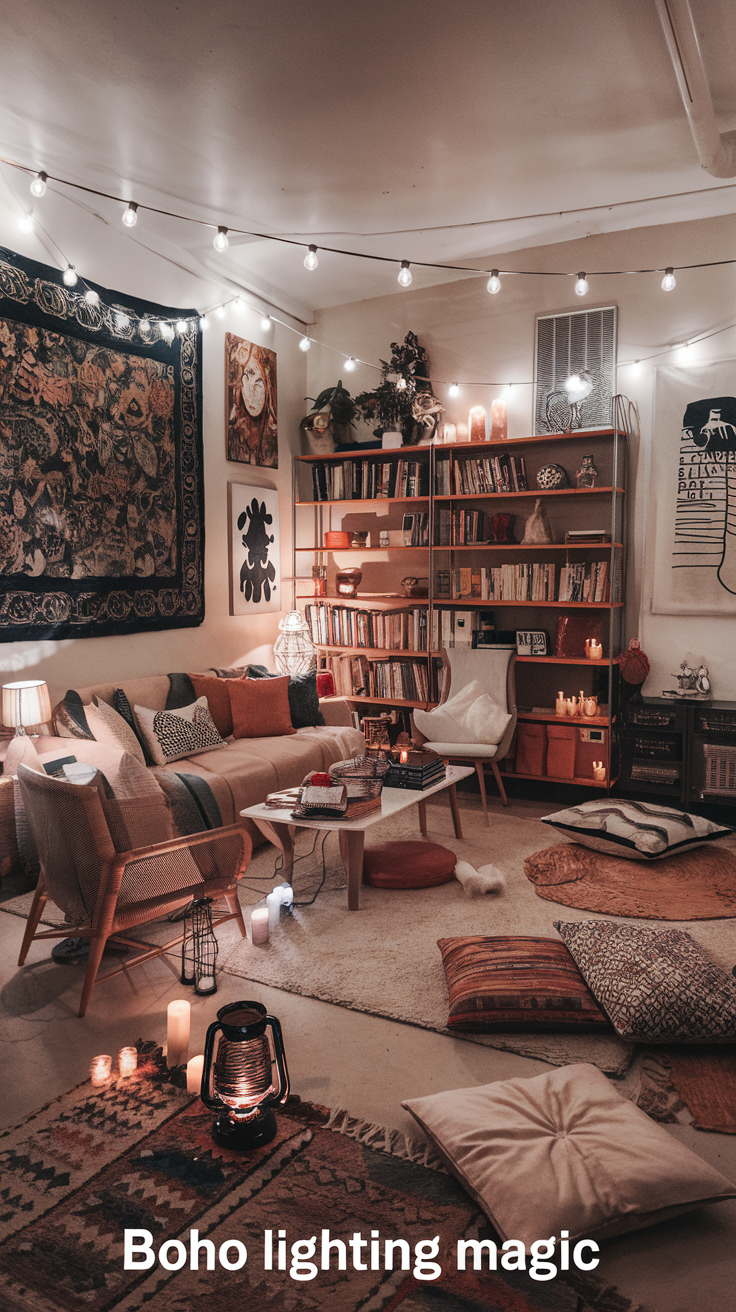 10 Ways to Boho a Room on a Budget 23 A boho room illuminated by string lights, lanterns, and candles, creating a warm, inviting glow. Text overlay: "Boho Lighting Magic"