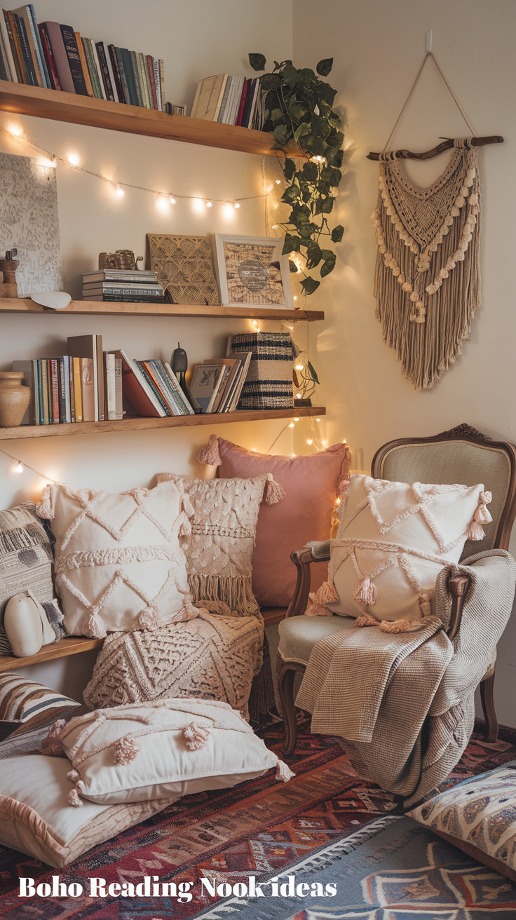 10 Ways to Boho a Room on a Budget 20 A snug reading nook filled with cushions, throws, and books, all in a warm boho style. Text overlay: "Boho Reading Nook Ideas"