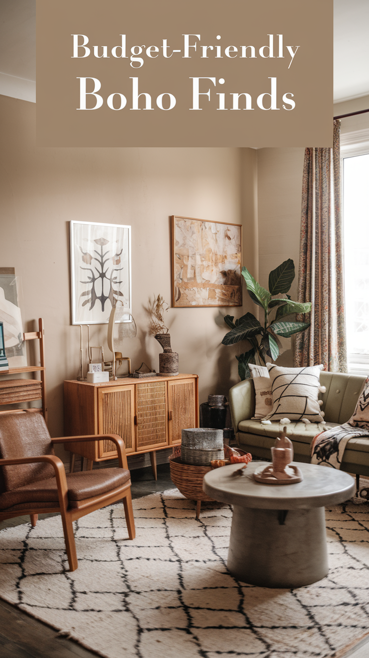 10 Ways to Boho a Room on a Budget 15 A cozy boho room showcasing a mix of vintage furniture and eclectic decor, all sourced from thrift stores. Text overlay: "Budget-Friendly Boho Finds