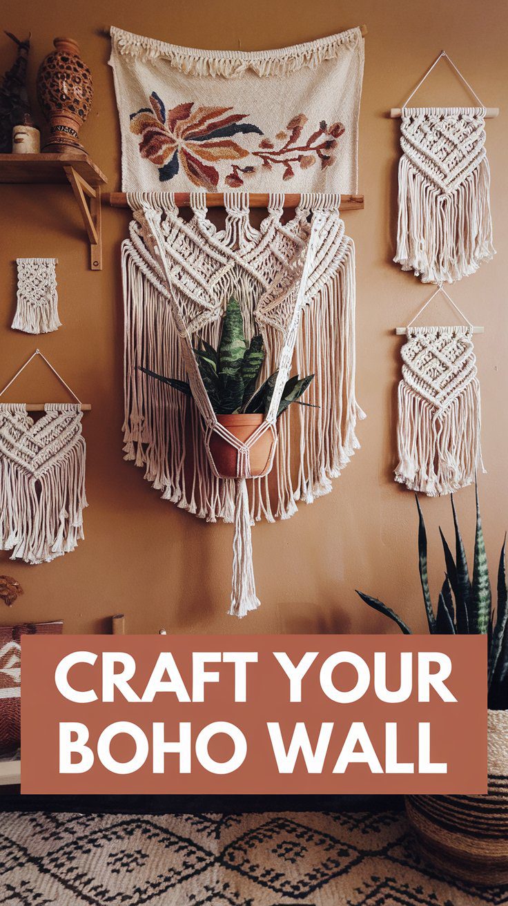 10 Ways to Boho a Room on a Budget 16 A wall decorated with macramé and woven tapestries, all crafted by hand. Text overlay: "Craft Your Boho Walls"