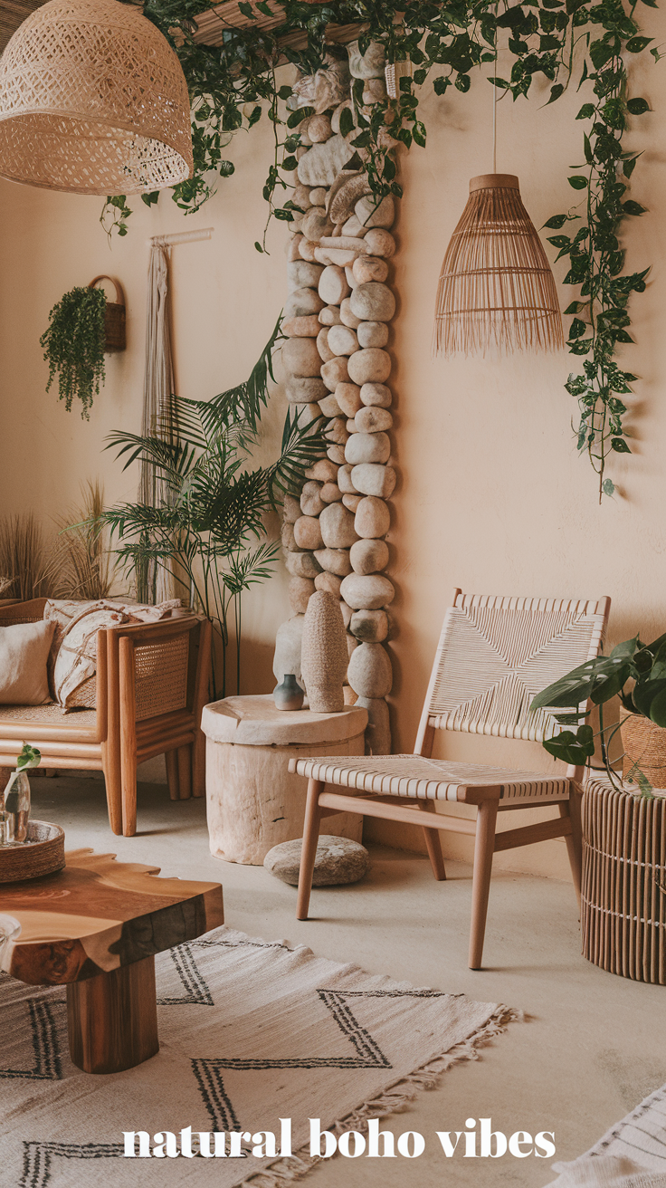 10 Ways to Boho a Room on a Budget 22 A boho-inspired space with natural elements like wooden furniture, stone decor, and rattan accents. Text overlay: "Natural Boho Vibes"