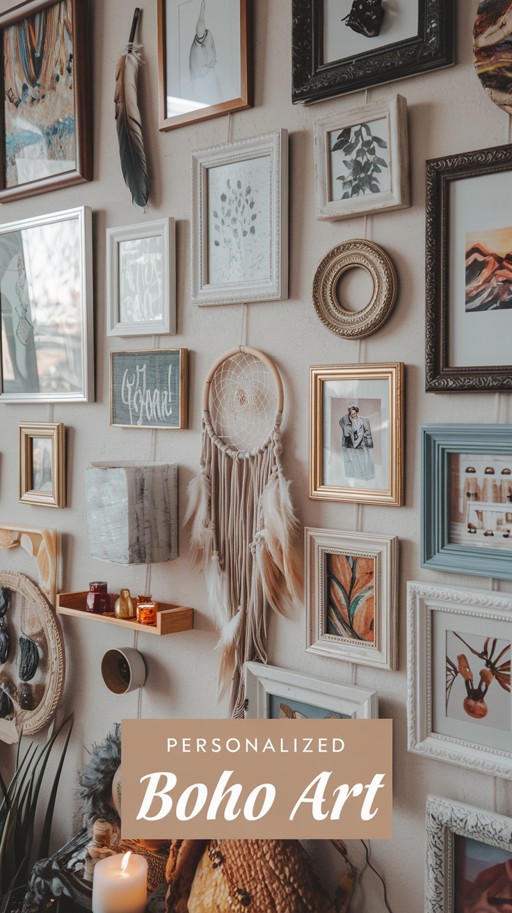 10 Ways to Boho a Room on a Budget 24 A boho-inspired gallery wall filled with eclectic art, photos, and meaningful objects. Text overlay: "Personalized Boho Art"