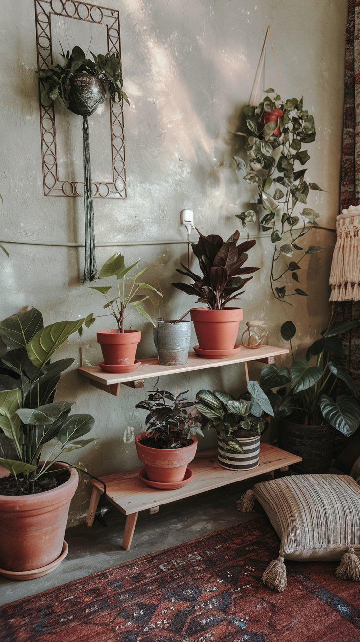 10 Ways to Boho a Room on a Budget 18 A boho-inspired room filled with a variety of houseplants, displayed in unique planters. Text overlay: "Boho Greenery on a Budget