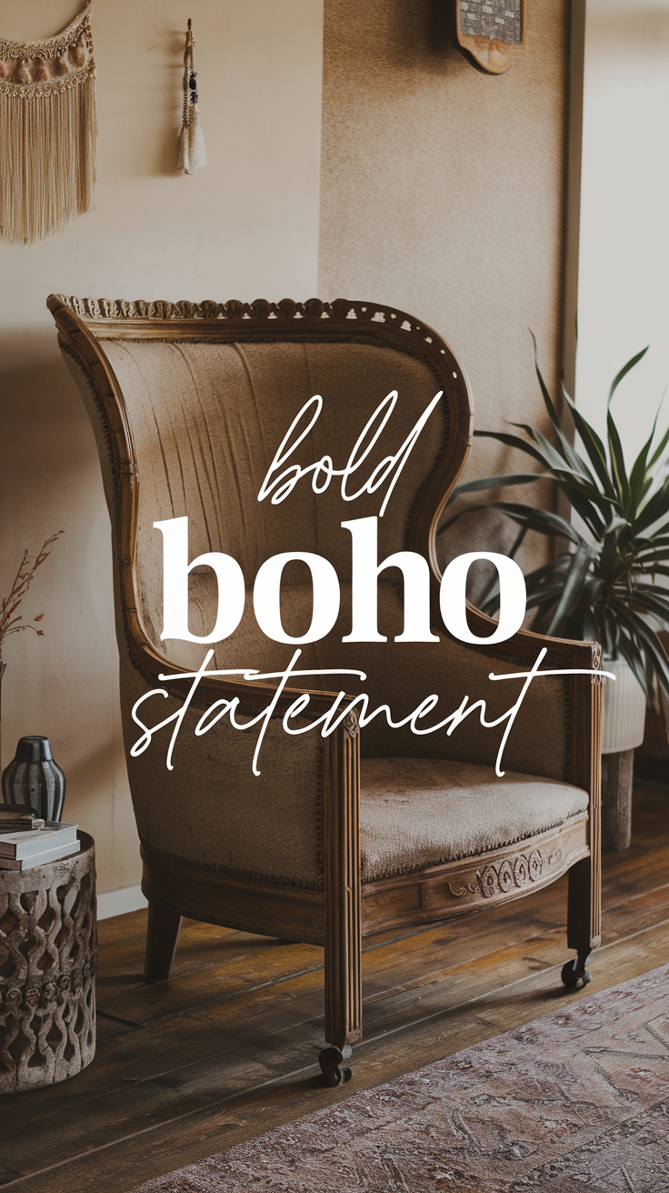 10 Ways to Boho a Room on a Budget 21 A boho room featuring a striking statement piece, like a vintage chair or a large art piece. Text overlay: "Bold Boho Statement"