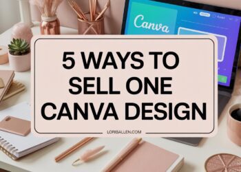 A large, centered rectangular text overlay dominates the composition, displaying the words “5 Ways to Sell One Canva Design” in a bold, clear, sans-serif font. Below the main text, smaller text reads “loriballen.com” positioned neatly along the bottom edge of the rectangle. The background depicts a soft-lit feminine creator studio with a computer open to Canva, notebooks, a coffee mug, and styled desk accessories in blush and gold tones.