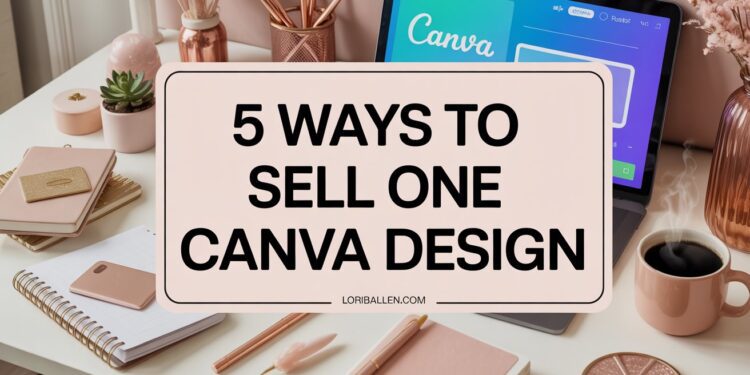 A large, centered rectangular text overlay dominates the composition, displaying the words “5 Ways to Sell One Canva Design” in a bold, clear, sans-serif font. Below the main text, smaller text reads “loriballen.com” positioned neatly along the bottom edge of the rectangle. The background depicts a soft-lit feminine creator studio with a computer open to Canva, notebooks, a coffee mug, and styled desk accessories in blush and gold tones.
